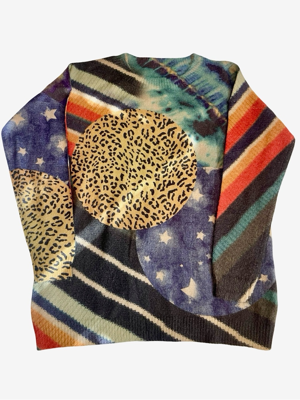 Multicolor Graphic Crewneck Sweater with Leopard Circle